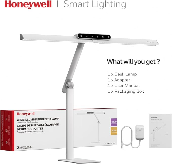 Honeywell LED Desk Lamp with Base - HJ1WT Sunturalux Eye-Caring Architect Desk Lamp for Home Office, 1200LM Computer Desk Light 4 Color Modes Stepless Dimming Task Desk Light with Timer Function White