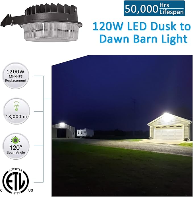 120W LED Barn Light, 18000lm Dusk to Dawn Outdoor Yard Lighting with Photocell, 5000K Daylight, 1200W MH/HPS Replacement, ETL&DLC Listed Waterproof for Security Area Light