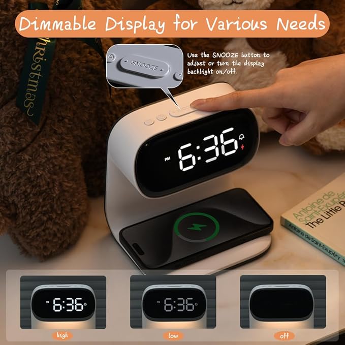 WILIT Alarm Clock with Wireless Charging,Dimmable Night Light,Snooze Function,10W Fast Charger,Modern Bedside Clock for Bedroom,Kids,Teens,Adults,Gift for Men and Women(White)