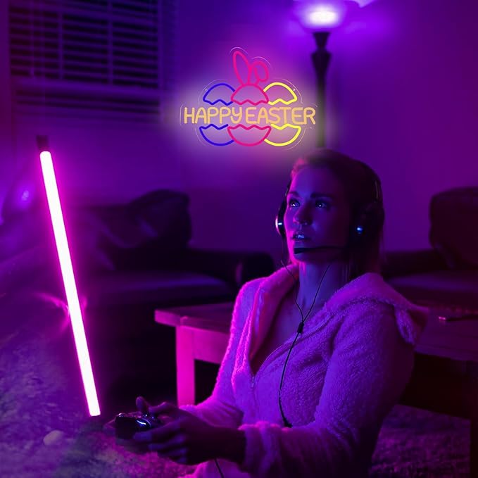 Happy Easter Neon Signs for Wall Decor, Easter Bunny Ears and Eggs Decorations Gifts, USB Dimmable LED Neon Lights Sign Party Decor for Bedroom Window Door Yard Bar Classroom Church