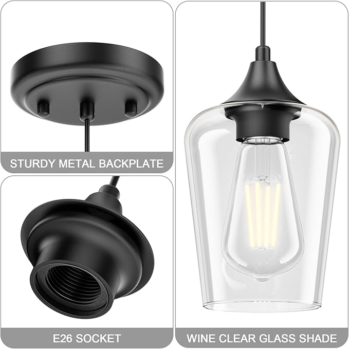 Ralbay Matte Black Industrial Pendant Light 2-Pack, Pendant Light Fixtures with Wine Clear Glass Shade, Adjustable Height for Kitchen Island, Farmhouse Dining Room Hanging Lighting Fixture