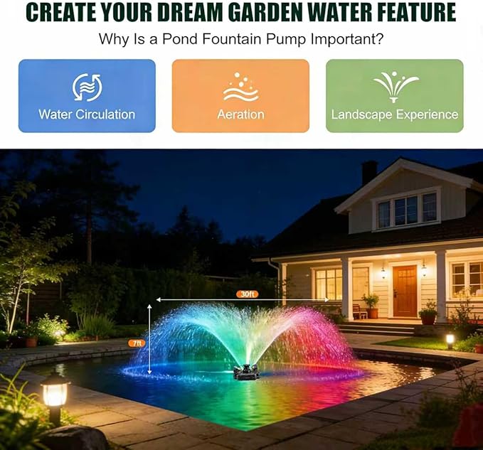 Pond Fountain Aerator 750W 1HP 110V -Pond Fountain -RGB LEDA Color-Changing Light Show - 15000 GPH Floating Aerator Pump- With100ft Power Cord -for Ponds and Lakes 2026 Latest Model