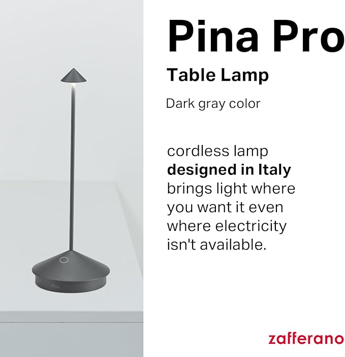 Zafferano, Pina Pro Lamp, Rechargeable Cordless Table Lamp with Touch Controls, Suitable for Indoor and Outdoor, Dimmer, 2200-3000 K, Height 11.4 Inches, Dark Gray Color