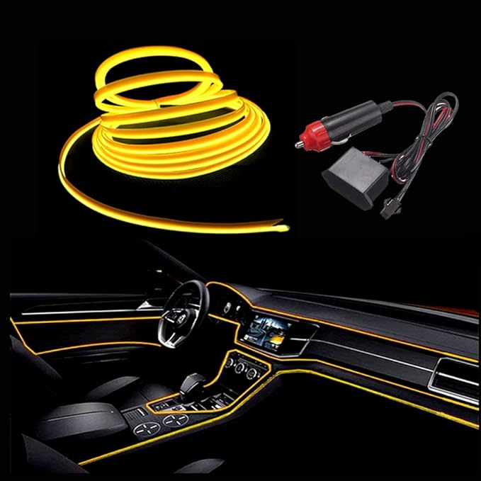 MaxLax Yellow LED Neon Car Interior Lighting Strip - 3 Meter Flexible 12V EL Wire with Built-in Fuse Protection for Automotive Interior Customization, Featuring 6mm Sewing Trim for Easy Installation.