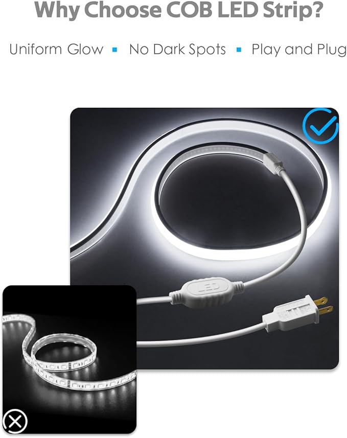 200FT COB Led Strip Lights Outdoor Plug in LED Rope Light for Outside Waterproof 1 Roll Bright White AC 110~120V High Voltage 288Leds/M 6000K 60M Flexible COB LED Light for Decor