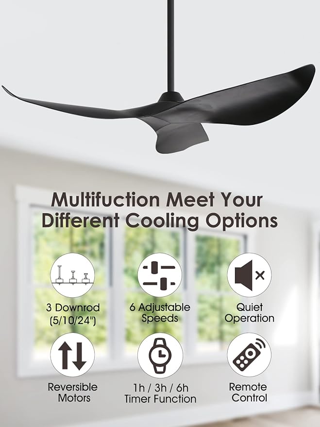 Sofucor Ceiling Fan no Lights, 52 Inch Mordern Black Ceiling Fan Without Light with Remote for Indoor Farmhouse Bedroom Living Room Outdoor Patio Porch, Reversible DC Motor