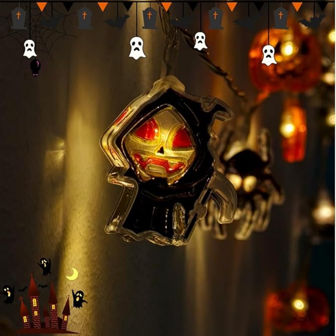 Halloween String Lights 9.8FT 20 LED Battery Powered Outdoor Decor, Pumpkin Mummy Skull Spider Designs, 2 Lighting Modes Halloween Lights Indoor for Yard Party Decoration(Style A)