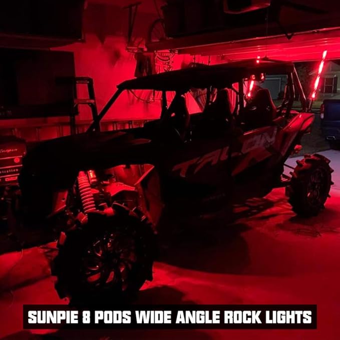 SUNPIE 8 Pods 210 Degrees Wide Angle RGBW Rock Lights Phone App Voice Mode Music Mode Automatic Control Neon Light Kit Wheel Well Lights for Off Road Truck SUV ATV UTV Boat