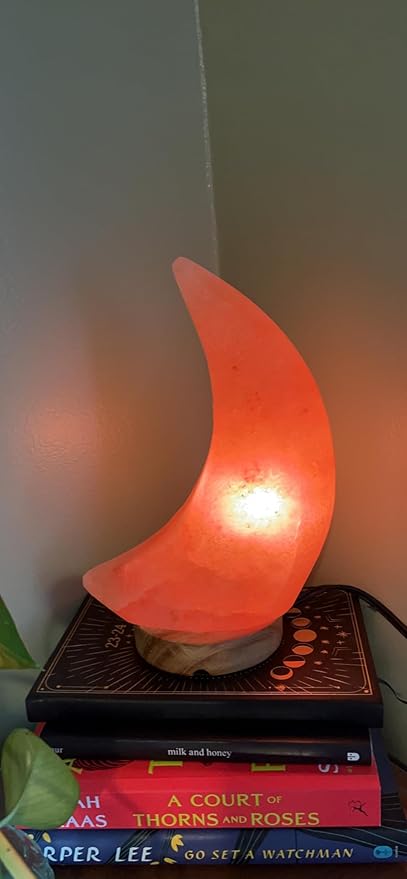 NB Himalayan Pink Salt Lamp – Moon Shape – Hand-Carved Natural Crystal with Wooden Base dimmer Switch with a Pair of Bulbs