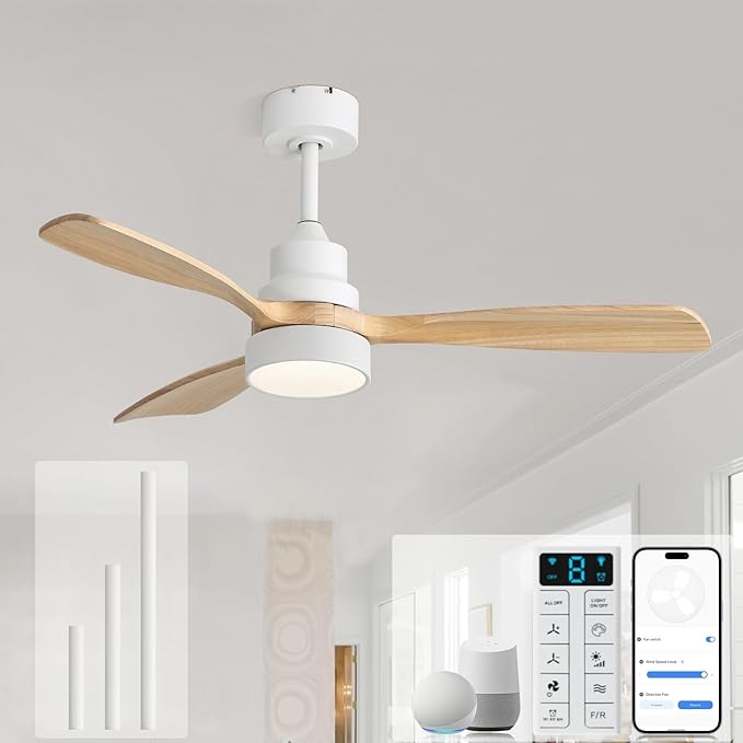 Sofucor 48 Inch Smart Ceiling Fans with Lights-Flush Mount & Downrod Mount Modern Outdoor Ceiling Fans with Alexa/Google Assistant/APP/Remote Control for Bedroom/Farmhouse/Patio, White & Natural Wood