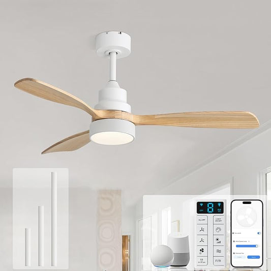 Sofucor 48 Inch Smart Ceiling Fans with Lights-Flush Mount & Downrod Mount Modern Outdoor Ceiling Fans with Alexa/Google Assistant/APP/Remote Control for Bedroom/Farmhouse/Patio, White & Natural Wood