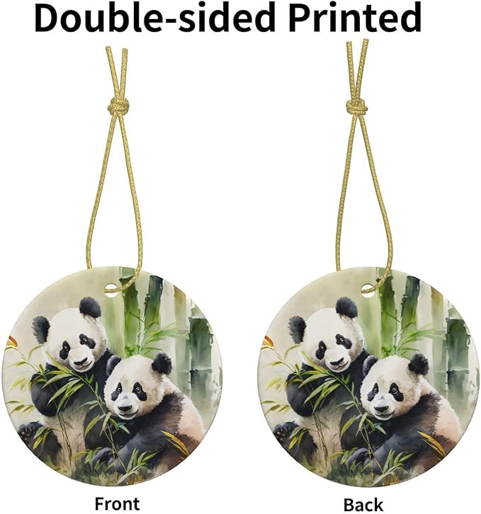 Watercolor Panda Bamboo Christmas Ornaments, Christmas Decorations Xmas Tree Hanging Ornaments, Round Ceramic Festive Keepsake Gift for Christmas Decorations Holiday Home Party Decors