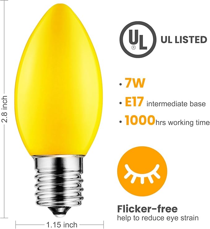 Brightown 25 Pack C9 Replacement Bulbs, Christmas C9 Incandescent Bulbs for Christmas String Lights, Christma Tree, Indoor Outdoor Holiday Decor, E17 Intermediate Base, 7 Watts, Yellow