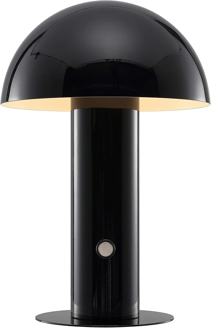 JONATHAN Y 10.75" Black Rechargeable LED Mushroom Table Lamp, Cordless Portable Bedside Lamp for Living Room Bedroom, 3-Way Dimmable Modern Iron Desk Light, Metal Shade JYL7115A