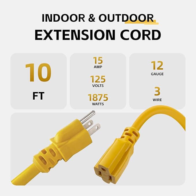 10 Ft Outdoor Extension Cord - 12/3 SJTW Heavy Duty Yellow Extension Cable with 3 Prong Grounded Plug - Power Cord for Lawn, Garden, Appliances