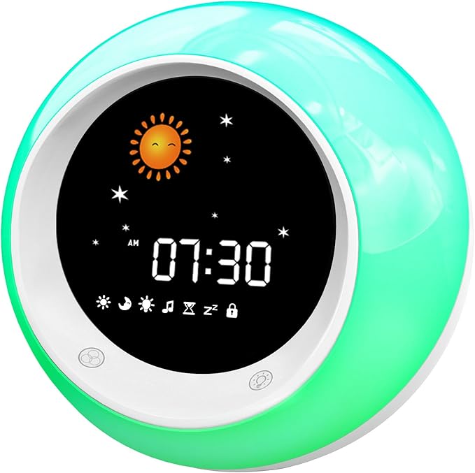 I.CODE Sun & Moon Rise Kids Alarm Clock, Children's Sleep Trainer ,Sleep Sound Machine, Wake Up Light & Night Light ,Teach Kids Day & Night