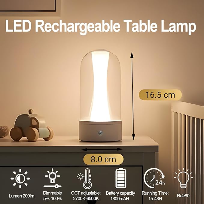 Rechargeable Bedside Lamps with 3 Way Dimmable - Portable Touch Control LED Table Lamp for Living Room Bedroom, Good Gift for Boys and Girls, Glass Lamp for Home or Office Decoration -White