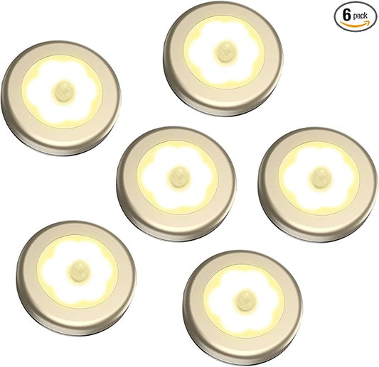 AMIR 3.15” Motion Sensor Light, 6 Pack Cordless Battery-Powered LED Night Light, Stick-Anywhere Closet Lights Stair Lights, Safe Lights for Hallway, Bathroom, Bedroom, Kitchen (Golden - Warm White)