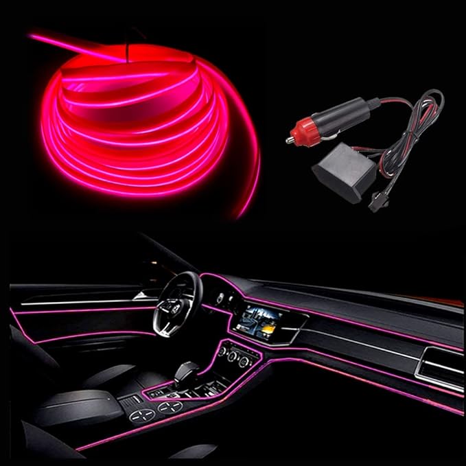 MaxLax El Wire Pink Interior Car LED Strip Lights, 10m neon Wire 12V with Fuse Protection for Automotive Car Interior Decoration with 6mm Sewing Edge
