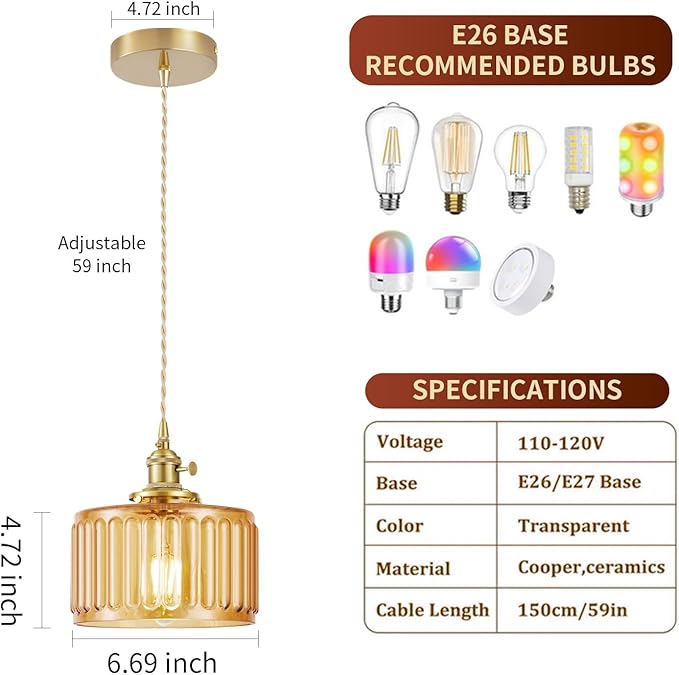 2 Pack Industrial Pendant Lighting, Modern Glass Shade Farmhouse Adjustable Hanging Light Fixtures for Kitchen Island Living Room Bedroom Hallway, Brown