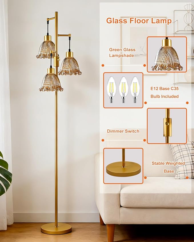 Glass Floor Lamps for Living Room, 3-Light Gold Dimmable Floor Lamp with Brown Glass Shade& Bulbs Included, Mid Century Standing Tall Lamp for Bedroom/Sofa Beside/Corner Decor
