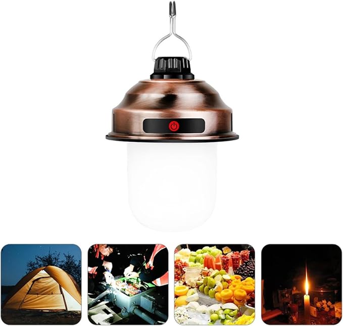 Rechargeable LED Camping Lantern Retro Outdoor Light Portable Tent Lamp with Handle Copper Color for Hiking BBQ and Emergency Use