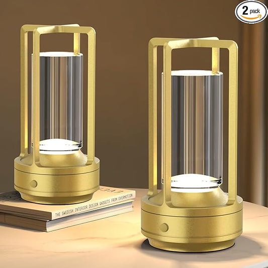 Small Cordless Table Lamps Rechargeable Set of 2 for Indoor/Outdoor, Portable Battery Operated Powered Lamps, Dimmable 3 Color Modes Waterproof, LED Desk Lights for Bedroom/Restaurant/Camping-Gold