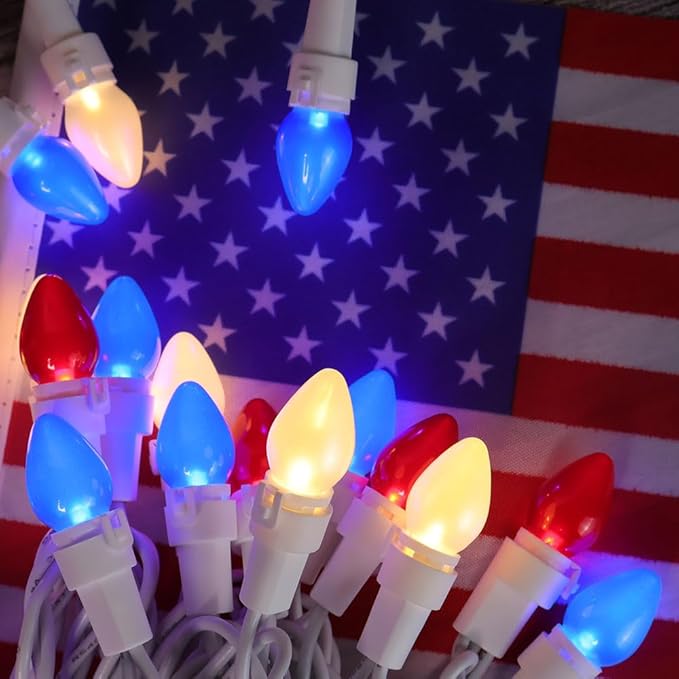 Red White and Blue String Lights 50 LED C3 Glass 4th of July String Light White Wire Independence Day Decor LED String Lights for Bedroom Patriotic Decoration Memorial Day Presidents Day