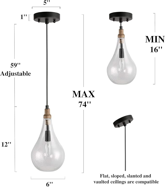 KSANA Farmhouse Wood and Glass Pendant Lighting for Kitchen Island Bedroom, Dining Room, Entryway, Sink, Breakfast Nook