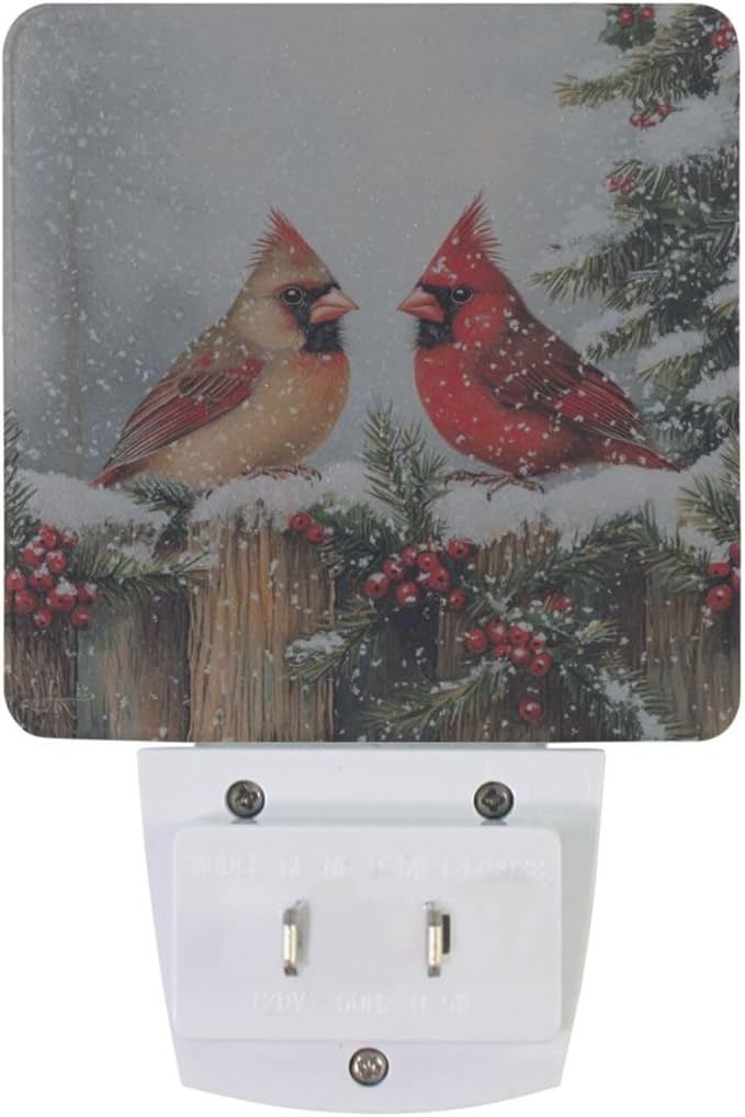 Christmas Winter Red Birds Night Light 2 Pack Dusk to Dawn Sensor Led Lamp for Women Men Night Lights Plug into Wall Decor for Bedroom Kitchen Bathroom Corridor, 0.5W
