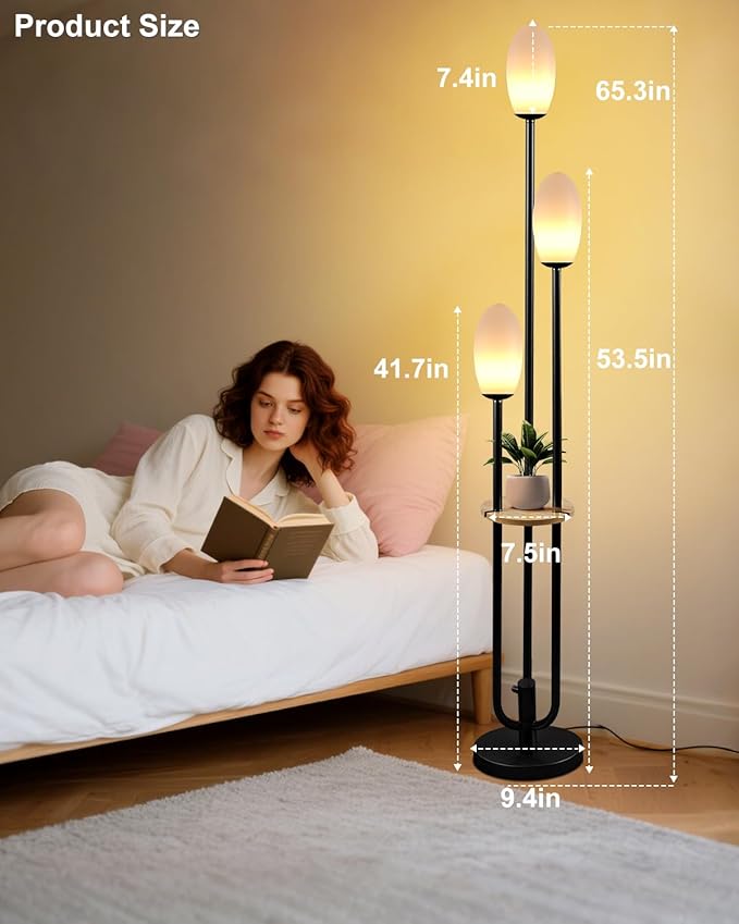 Black Dimmable Floor Lamp with Table, Unique Candle Holder Style Tall Standing Lamps with 3000K G9 Bulbs for Reading, Mid Century Modern Floor Lamp for Living Room Bedroom Office