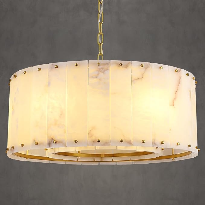 Alabaster Chandelier D24in Spanish Natural Marble Round Chandeliers,Alabaster Pendant Light Fixture,Modern Brass Dining Room Chandelier, Adjustable Gold Chandeliers for Bedroom,Bathroom,Entryway,Foyer