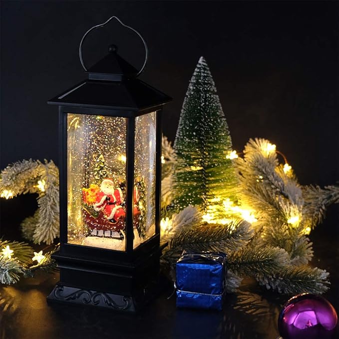 DRomance Santa Music Snow Globe Lantern with Timer Battery Operated & USB Powered Lighted Singing Snow Globe Lamp Spinning Water Swirling Glitters Christmas Decor 4" x 4" x 12"