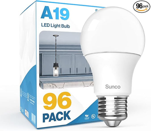 Sunco 96 Pack A19 LED Light Bulbs, [Focos para Casa], E26 Base Lamp Bulb for Bedroom Bathroom, 850 LM, 8W (60W Equivalent), 5000K Daylight, Non-Dimmable, 25000 Lifetime Hours UL