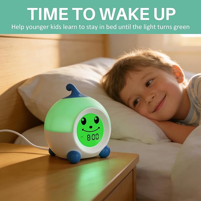 I·CODE Toddler Alarm Clock, Children's Sleep Trainer with Red Green Light,Toddler Sleep Aid Night Light with Auto-Off Timer, Ideal Gift for 2-9 Years Old Younger Children (Blue)