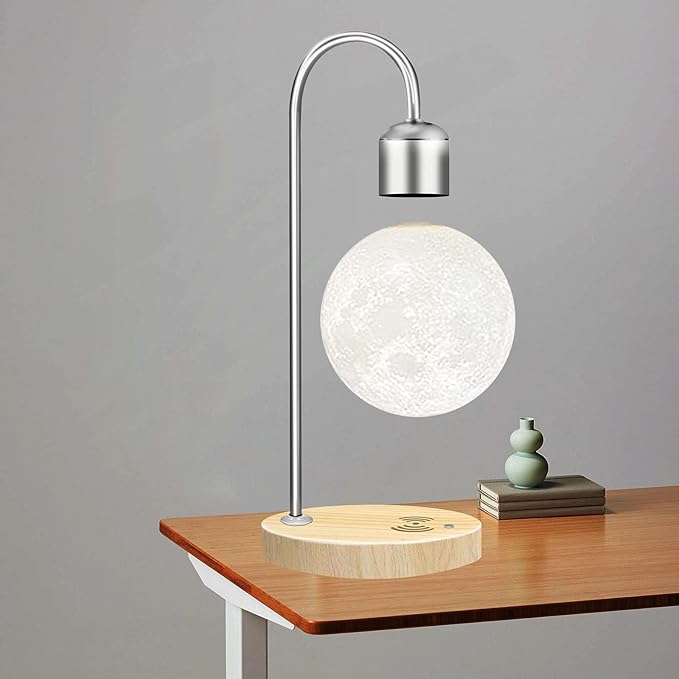 Unique Modern Levitating Lamp with Floating Light and Built-in Qi Wireless Charger, Simplistic and Innovative Design, Warm Decorative Night Light (Silver Moon)