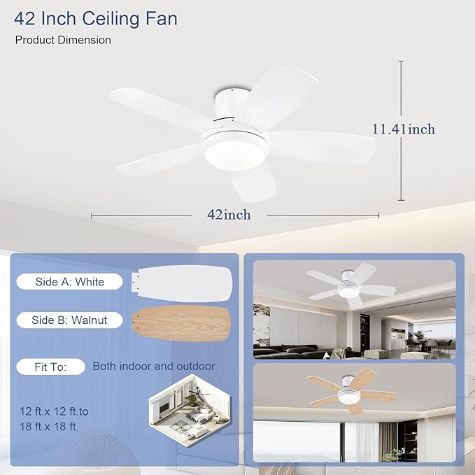 KNUN 42 Inch Ceiling Fan with Light and Remote/App Control, Low Profile Ceiling Fans with Lights,Flush Mount, Double-sided Blades, 3CCT, Dimmable, Noiseless, white Ceiling Fan for Indoor/Outdoor Use