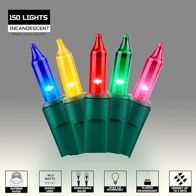 150LIGHTS Multi Extra-Bright with End Connectors Christmas Decorative Lights 9.72m UL Certified Mini String Light Set Waterproof for Home Garden Holiday Christmas Tree Party Patio Wedding