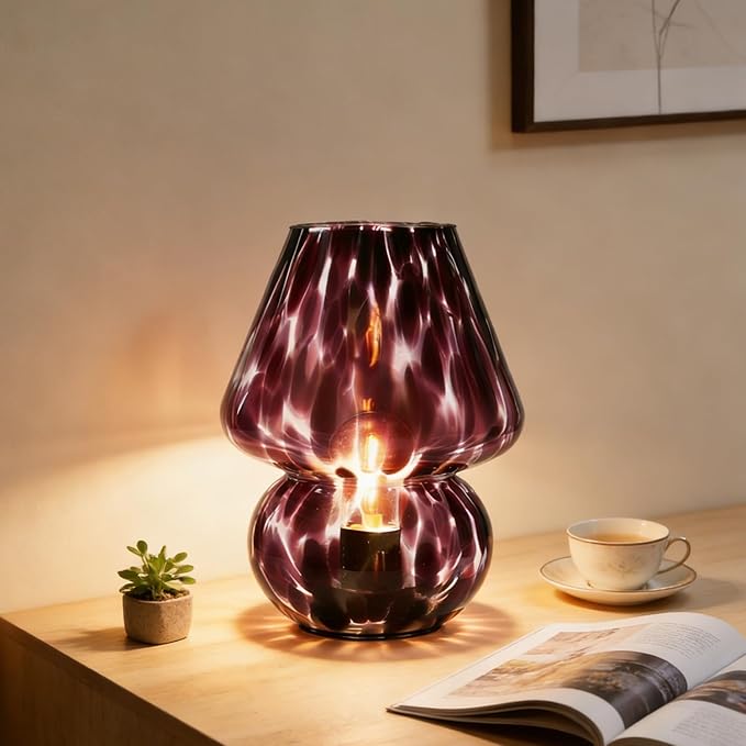 Glass Mushroom Lamp, Mushroom Desk Lamp with LED Bulb, Small Purple Battery Operated Cordless Lamps for Kitchen Counter, Bedroom Nightstand, Living Room, Gift for Mom