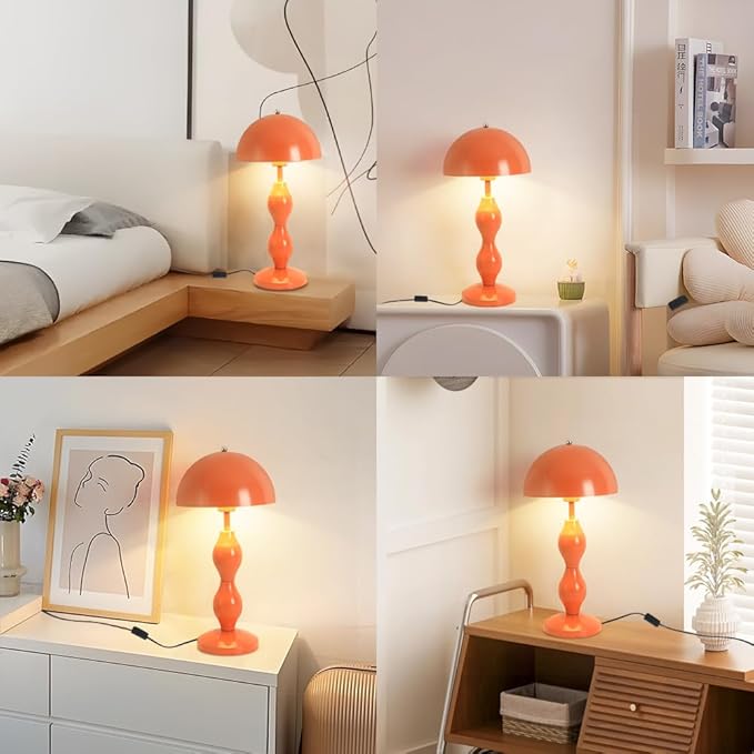 Orange Mushroom Lamp,Bedside Table Lamp for Living Room,Mid Century Modern Table Lamps for Bedroom,Mushroom Bedside Light,Home Office Aesthetic Decor Nightstand Lamps,Flowerpot Desk Light,Orange Shade