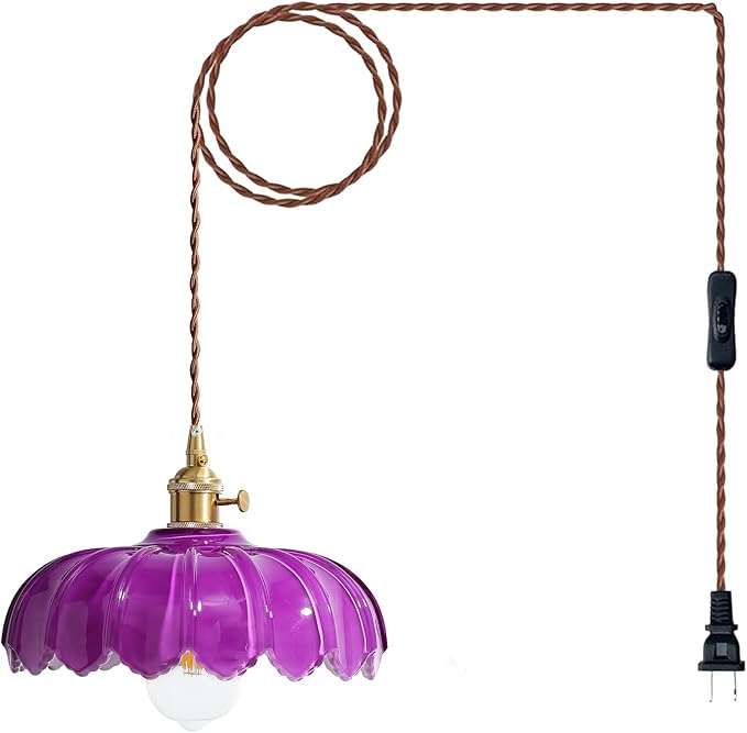 Plug in Pendant Light: Hanging Light Plug in Royal Purple Glass Hanging Lamp, Pendant Lighting for Kitchen Island, Bedroom, Dining Room, Living Room, No Bulb