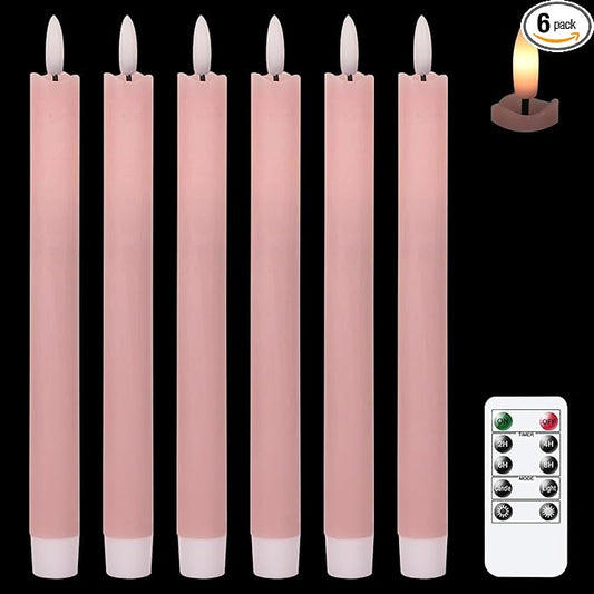 GenSwin Flameless Pink Taper Candles Flickering with 10-Key Remote, Battery Operated Led Warm 3D Wick Light Window Candles Real Wax Pack of 6, Christmas Home Wedding Decor(0.78 X 9.64 Inch)