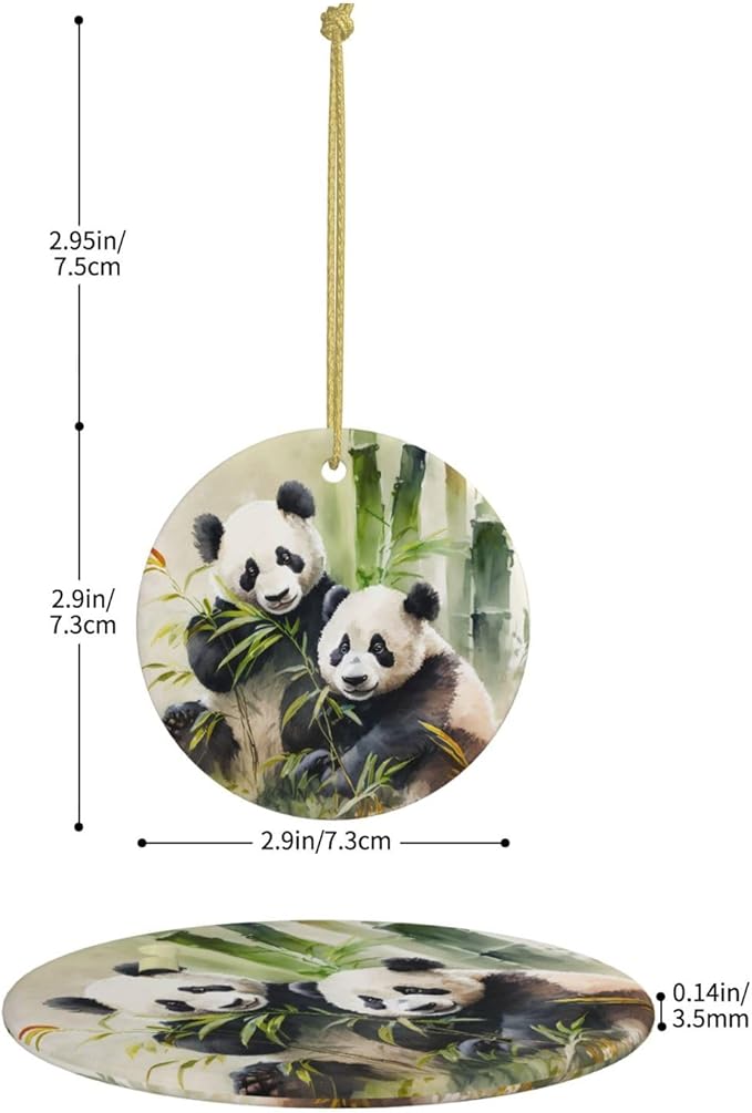 Watercolor Panda Bamboo Christmas Ornaments, Christmas Decorations Xmas Tree Hanging Ornaments, Round Ceramic Festive Keepsake Gift for Christmas Decorations Holiday Home Party Decors