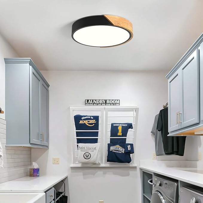 Vikaey Modern LED Ceiling Light, Minimalist Wood Flush Mount Ceiling Light Fixture, 4000K Not Dimmable, Circle Lighting Lamp with Acrylic Lampshade for Bedroom Laundry Room Hallway (Black,11.8")