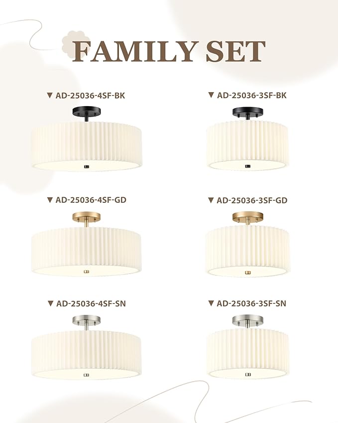 Semi Flush Mount Ceiling Light, 3-Light 12.5" Matte Black Ceiling Light Fixture with White Pleated Fabric Shade, Drum Lamp for Nursery Hallway Bedroom Kitchen, AD-25036-3SF-BK