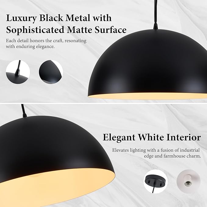 Industrial Pendant Lighting for Kitchen Island, 16 Inch Black and White Metal Dome Pendant Light Fixtures, Farmhouse Hanging Light Fixture E26 Base for Dining Room Foyer Entryway Cafe, 2 Pack