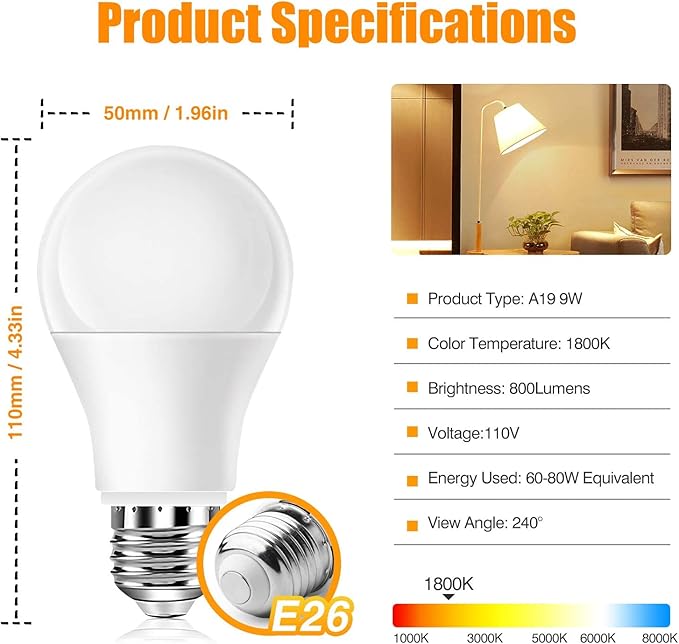 Neporal Amber Sleep Light Bulbs 1800K 4PK, 9W 60 Watt Equivalent, 99.96% Blue Blocking Soft Warm Light Bulbs A19, Amber Night Light E26 for Bedroom and Baby Nursery Light