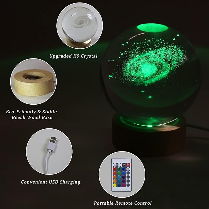 3D Galaxy Crystal Ball Night Light with Remote Upgraded 3.15 Inch Galaxy Planets Glass Ball Lamps with 16 Color LED Wooden Base for Birthday, Astronomy Space Universe Gifts for Boys Girls