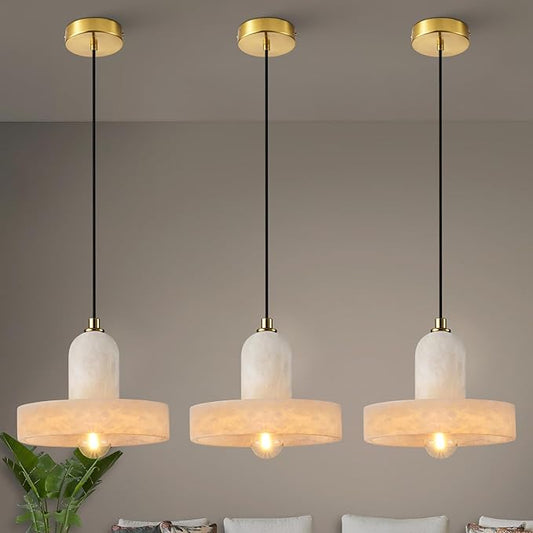 Alabaster Pendant Light for Kitchen Island, Modern Brass Hanging Light Fixture with Natural Alabaster Stone Shade, Adjustable Pendant Lighting Over Sink, Dining, Bar, Counter - 3 Pack
