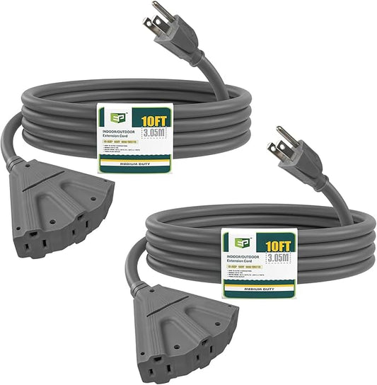 EP 2 Pack 10 Ft Outdoor Extension Cord with 3 Electrical Power Outlets - 16/3 SJTW Grey Cable with 3 Prong Grounded Plug for Safety Great for Christmas Lights, Garden and Major Appliances